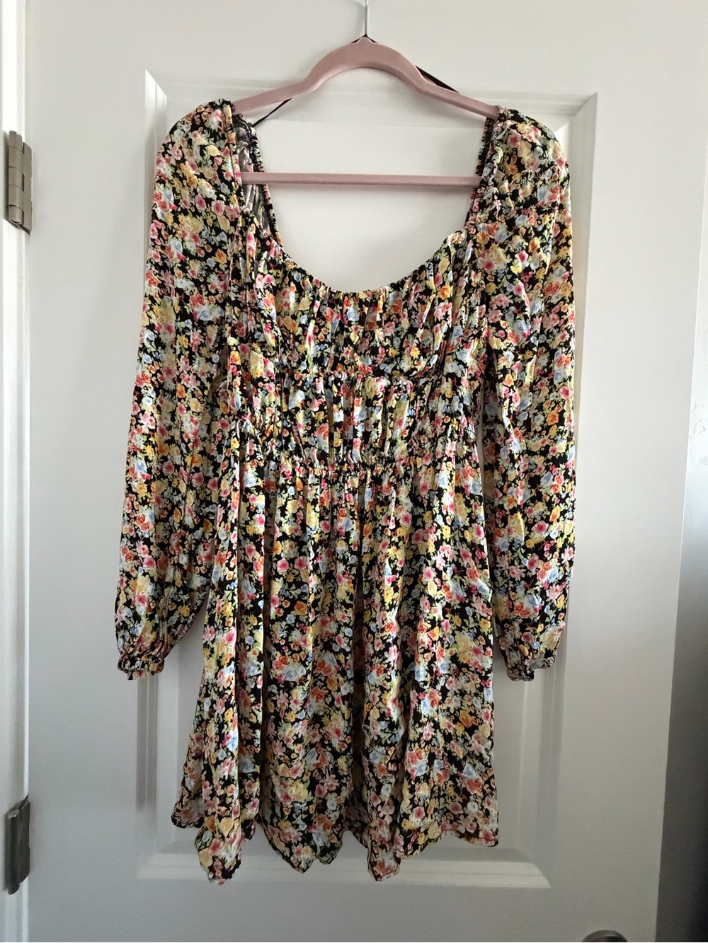 Elodie Black Floral Smocked Square-Neck Mini Dress - Size Medium